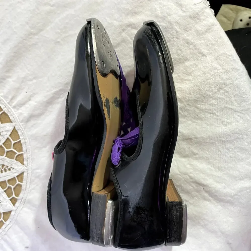 Coasters Girls Black Tap Shoes Size 12.5 Tip Top Tap Dance Pink Purple Ribbons